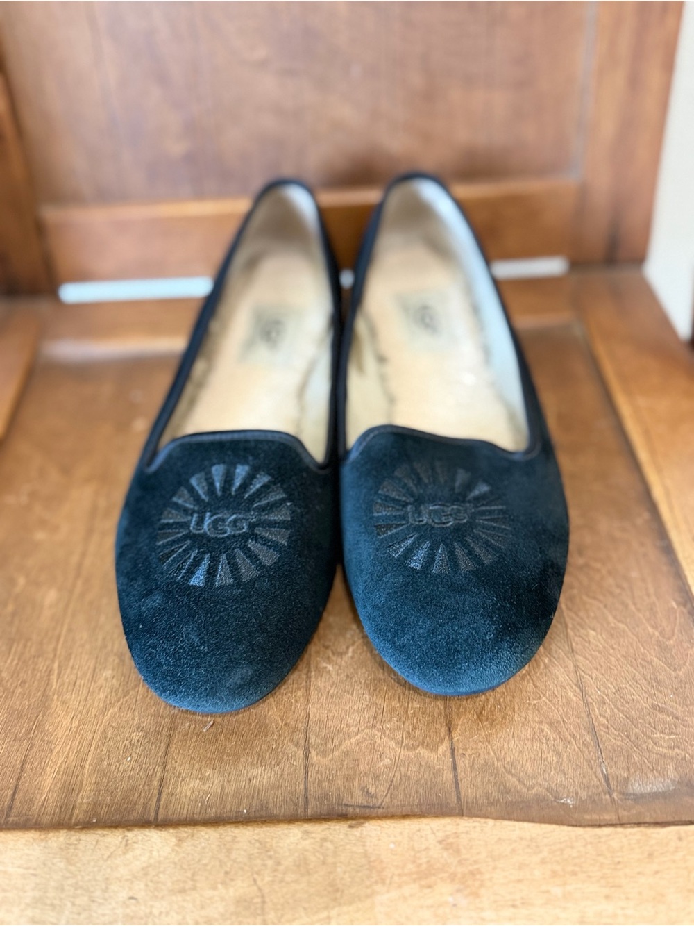 UGG Alloway Sherpa Lines Women's Black Suede Slip-On Flats Size  7